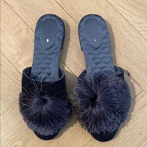 Birdies Navy Blue Pom-Pom Women's Slides